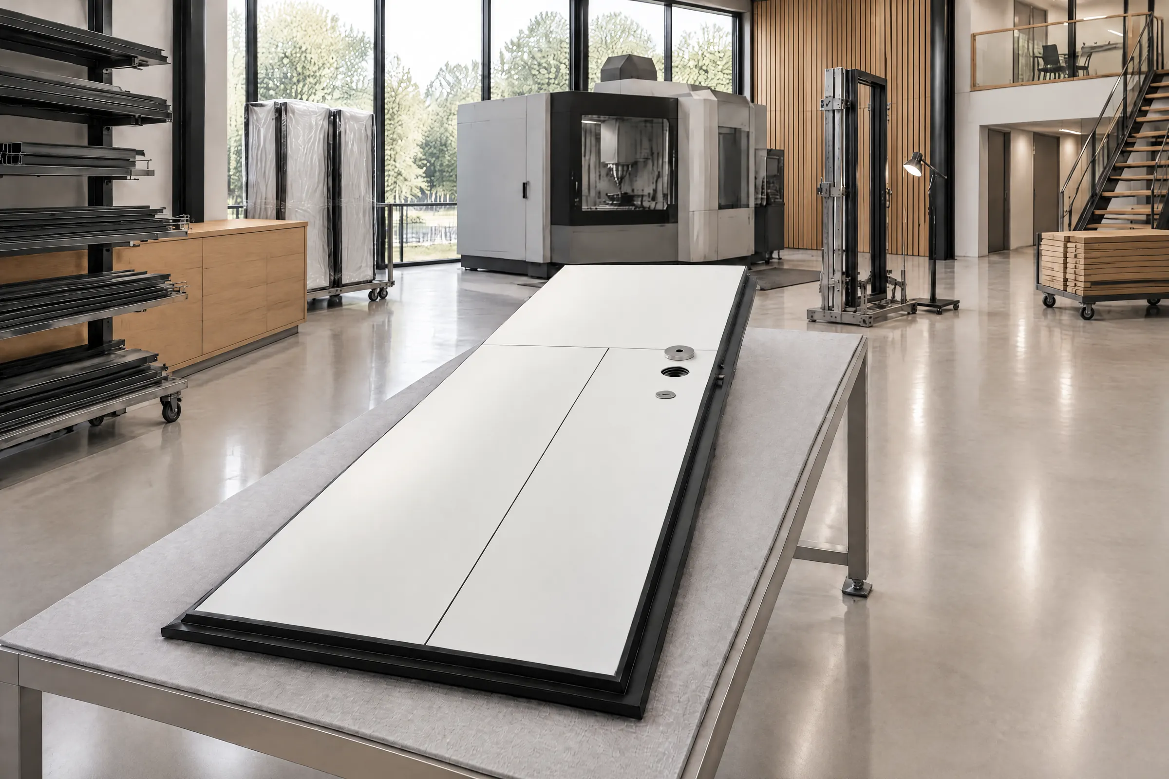 A white Hermetix door leaf lies on a grey felt-topped assembly table in a bright, glazed workshop warmed by oak cabinets and an oak-slatted wall, with steel profiles, film-wrapped leaves, a machining centre and a door frame in an assembly fixture beyond.