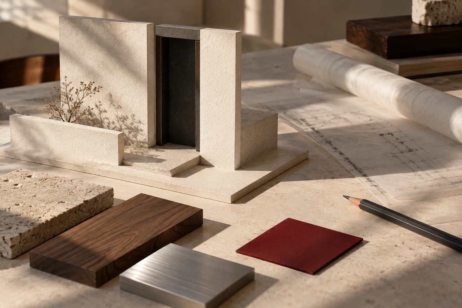 An architectural entrance model on a sunlit work table, beside stone, timber, metal and red material samples, a pencil and tracing paper.