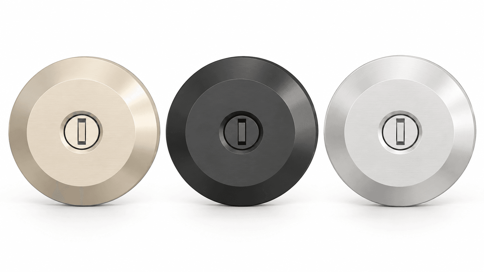 Studio restaging of three catalogue rosettes: warm-metal RO-NB, charcoal-black RO-AL6 and pale-silver RO-AL7, with flat circular faces, broad bevels and upright rectangular key slots.