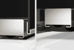 Two original KINETIX section views: the silver carrier and black seals lowered to the floor at left and raised clear of it at right.