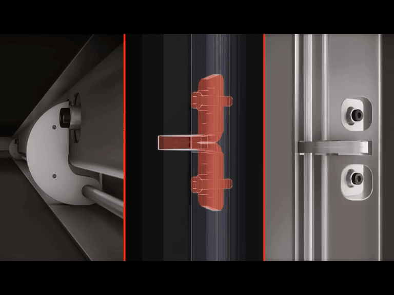 Three manufacturer views of the hinge: its internal plate, a red explanatory overlay and the mounted silver link.
