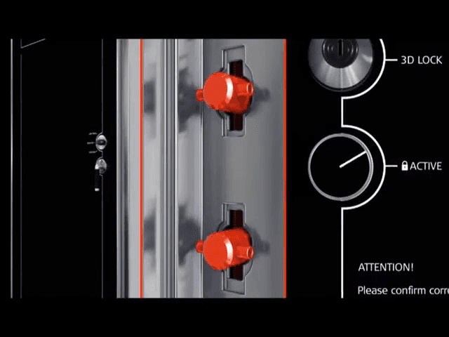Two round T-bolt heads highlighted in red at the door edge, beside the official automatic-locking diagram.