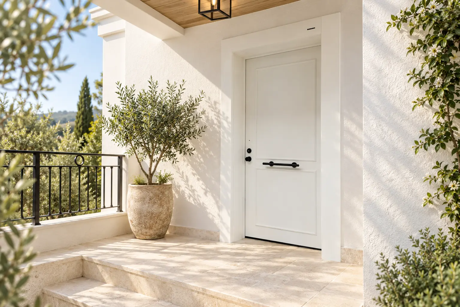 A white Hermetix entrance door with a black bar handle, beside limestone steps and a potted olive tree in morning light.