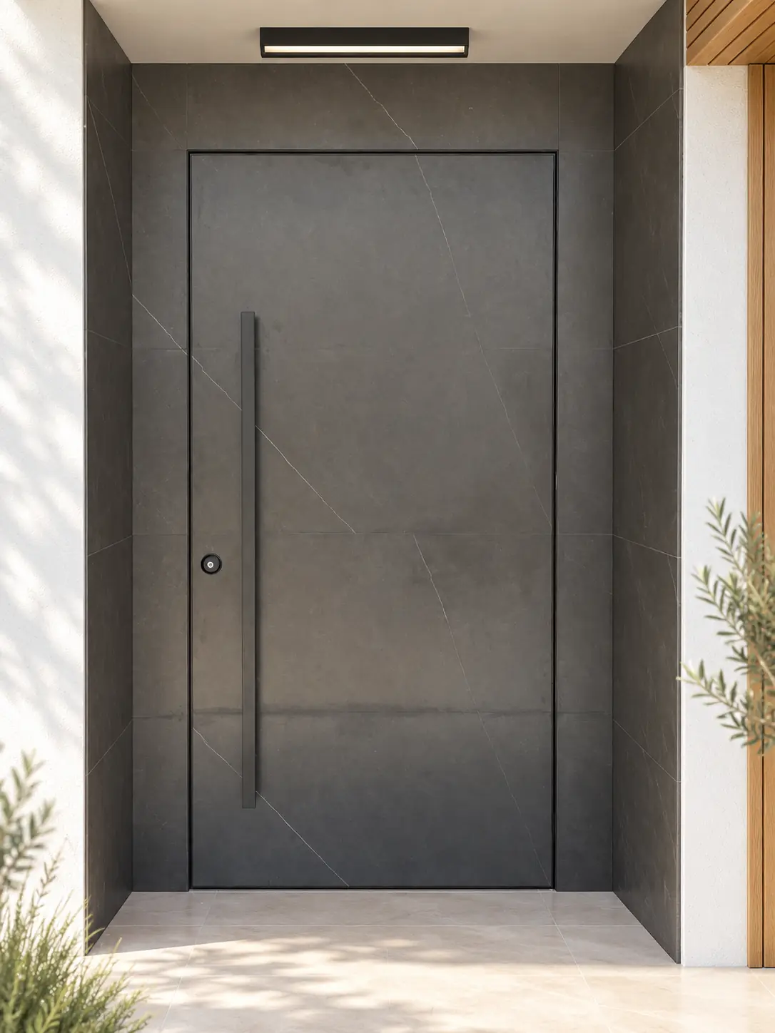 A zero-line Hermetix entrance door clad in the same charcoal porcelain as its recess, visible only as a fine outline with a long black pull.